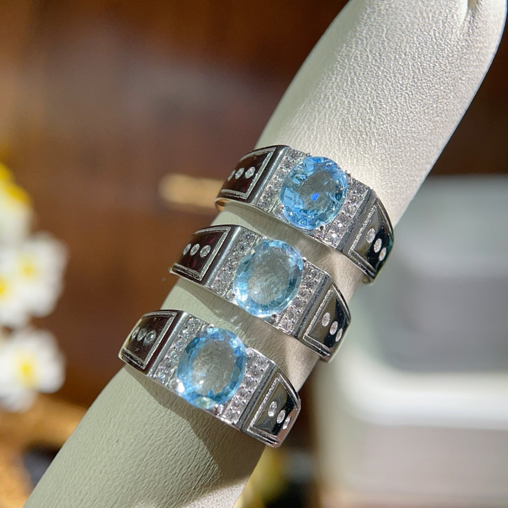 Natural Aquamarine Ring | 7x9mm Gemstone in 925 Silver Adjustable Band