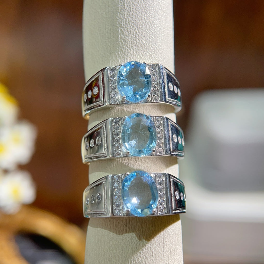 Natural Aquamarine Ring | 7x9mm Gemstone in 925 Silver Adjustable Band