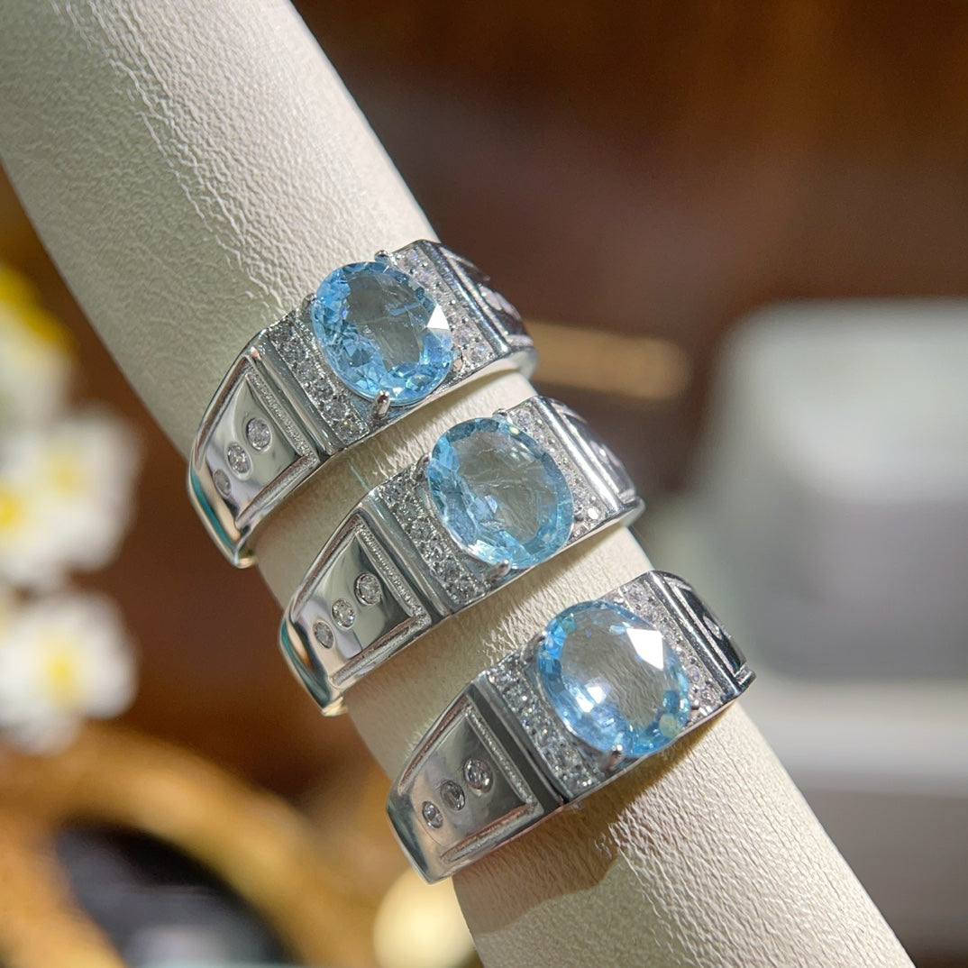 Natural Aquamarine Ring | 7x9mm Gemstone in 925 Silver Adjustable Band