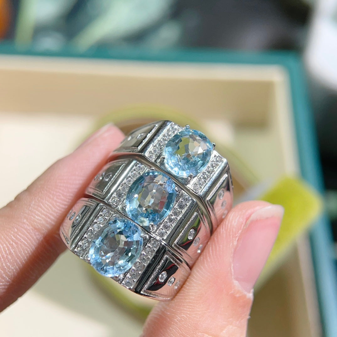 Natural Aquamarine Ring | 7x9mm Gemstone in 925 Silver Adjustable Band