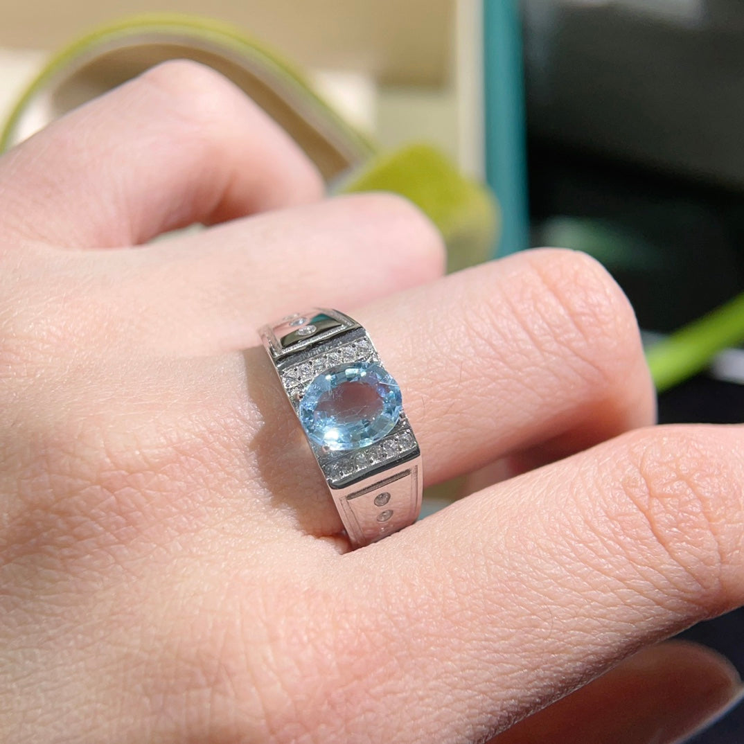 Natural Aquamarine Ring | 7x9mm Gemstone in 925 Silver Adjustable Band