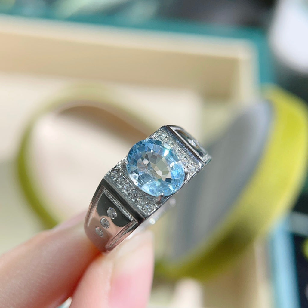 Natural Aquamarine Ring | 7x9mm Gemstone in 925 Silver Adjustable Band