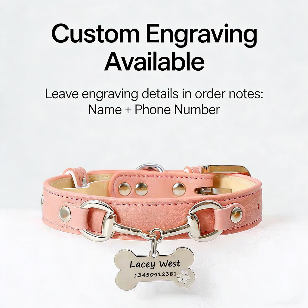Leather Pet Collar for Medium & Small Pet - Personalized Engraved Leash Collar with Adjustable Strap for Corgi & Cats