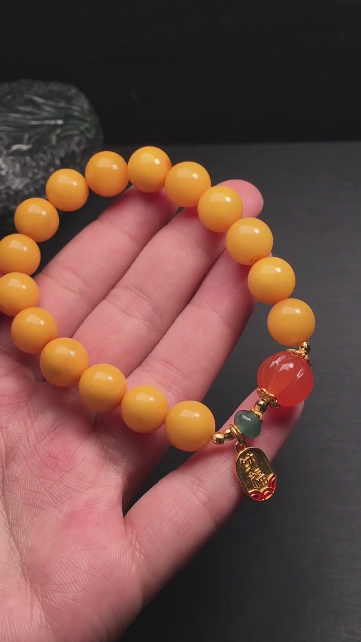 Natural Amber Bracelet | 10mm Beeswax with Red Agate & Silver Charm