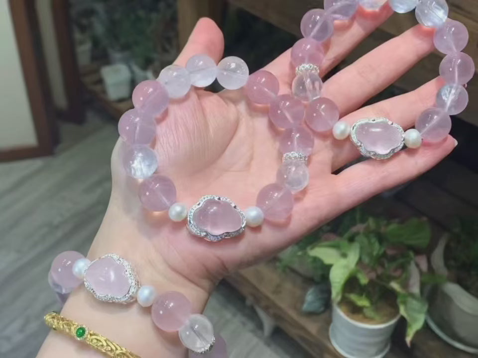 Rose Quartz Cloud Bracelet | 14mm Natural Pink Crystal with Pearl & Himalayan Quartz