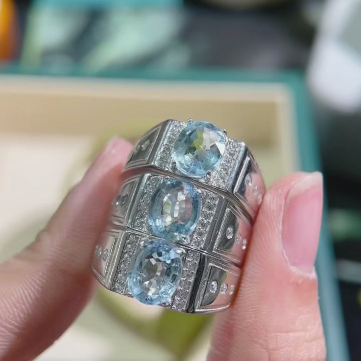 Natural Aquamarine Ring | 7x9mm Gemstone in 925 Silver Adjustable Band
